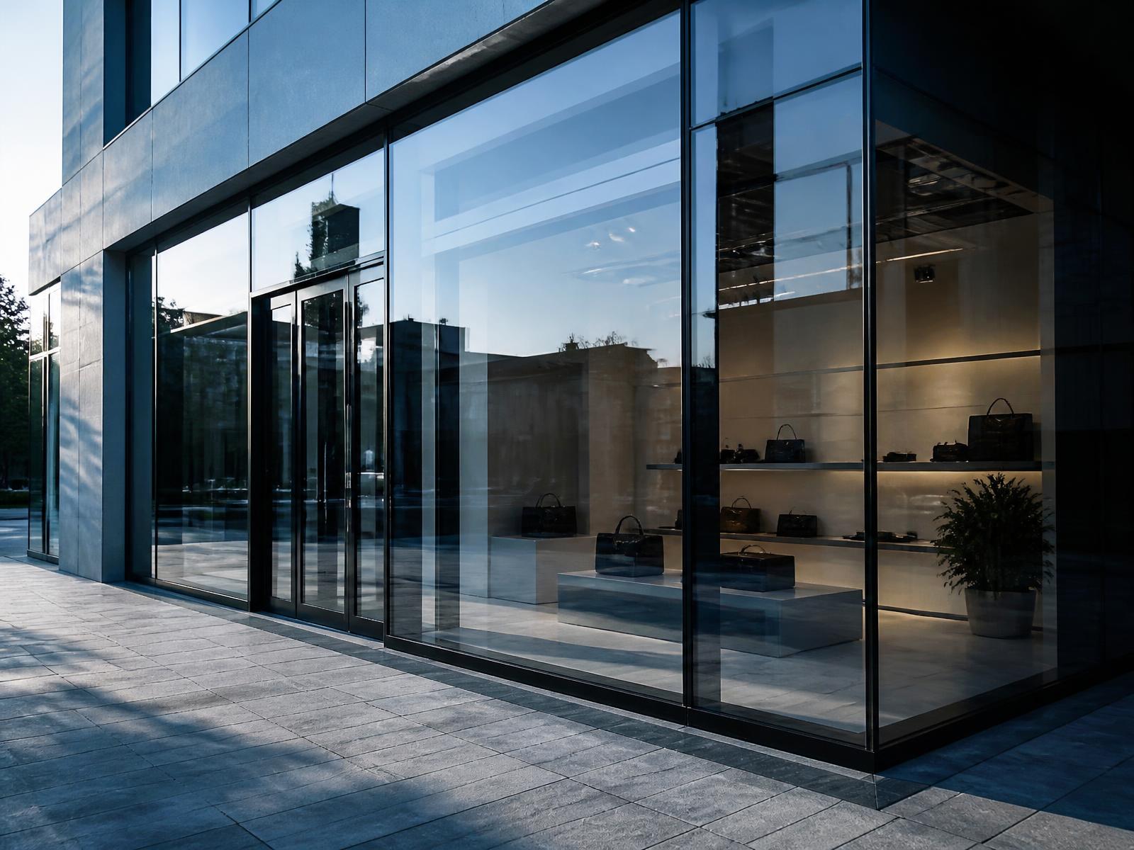 Fachada comercial moderna com grandes vitrines de vidro limpas